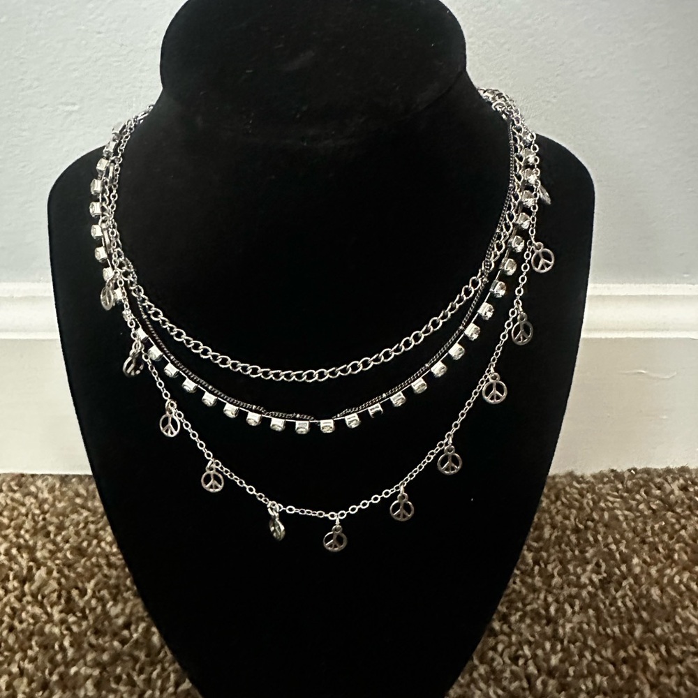 Set of 2 Silver Peace Charm Layered Necklace